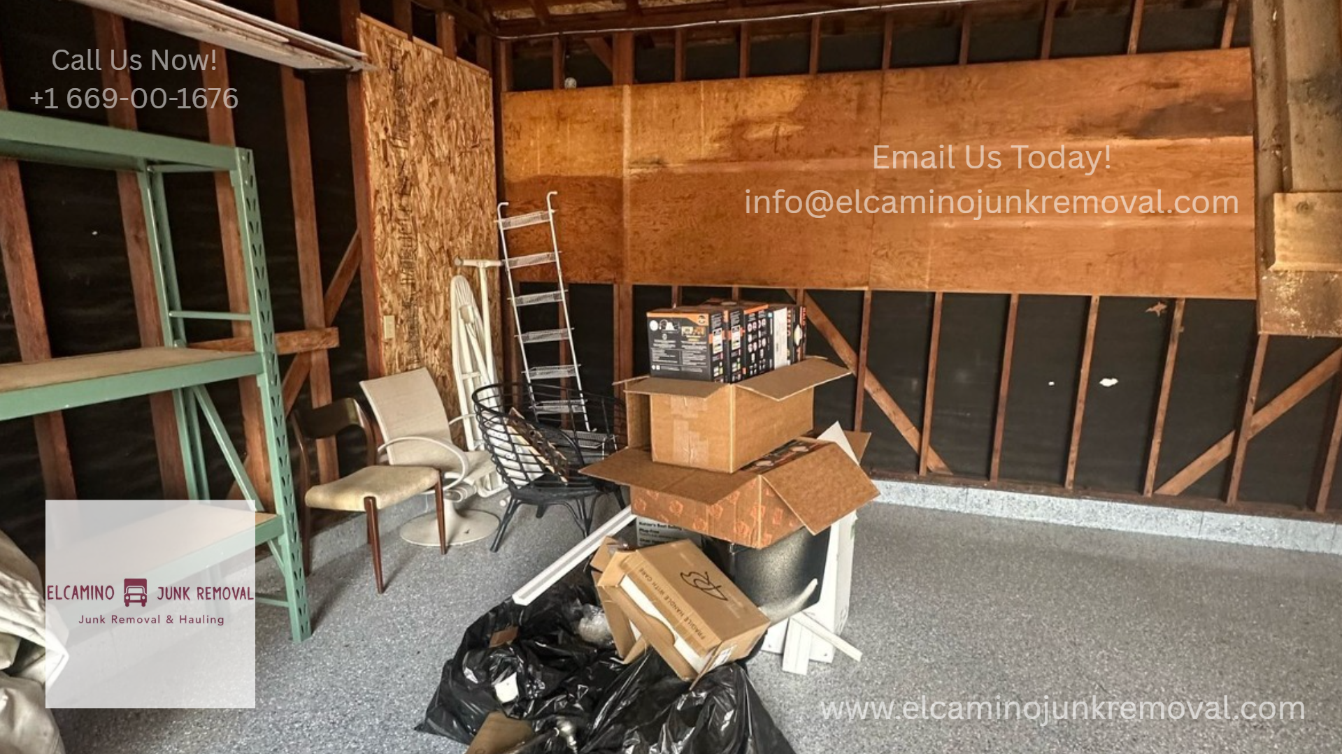 Cluttered garage space filled with boxes, trash bags, and furniture, showcasing the need for professional junk removal services by El Camino Junk Removal.