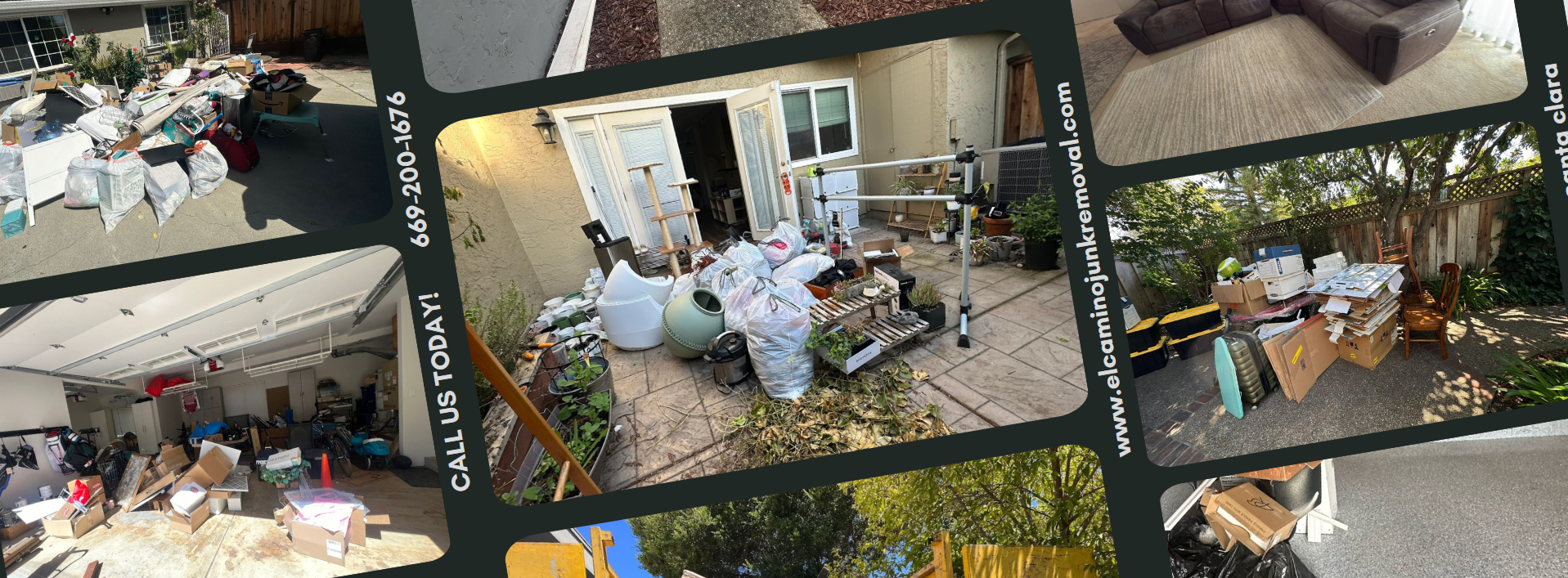 Cluttered outdoor and garage spaces filled with junk, including bags, boxes, furniture, and debris, representing the need for professional junk removal services in San Jose and surrounding areas.