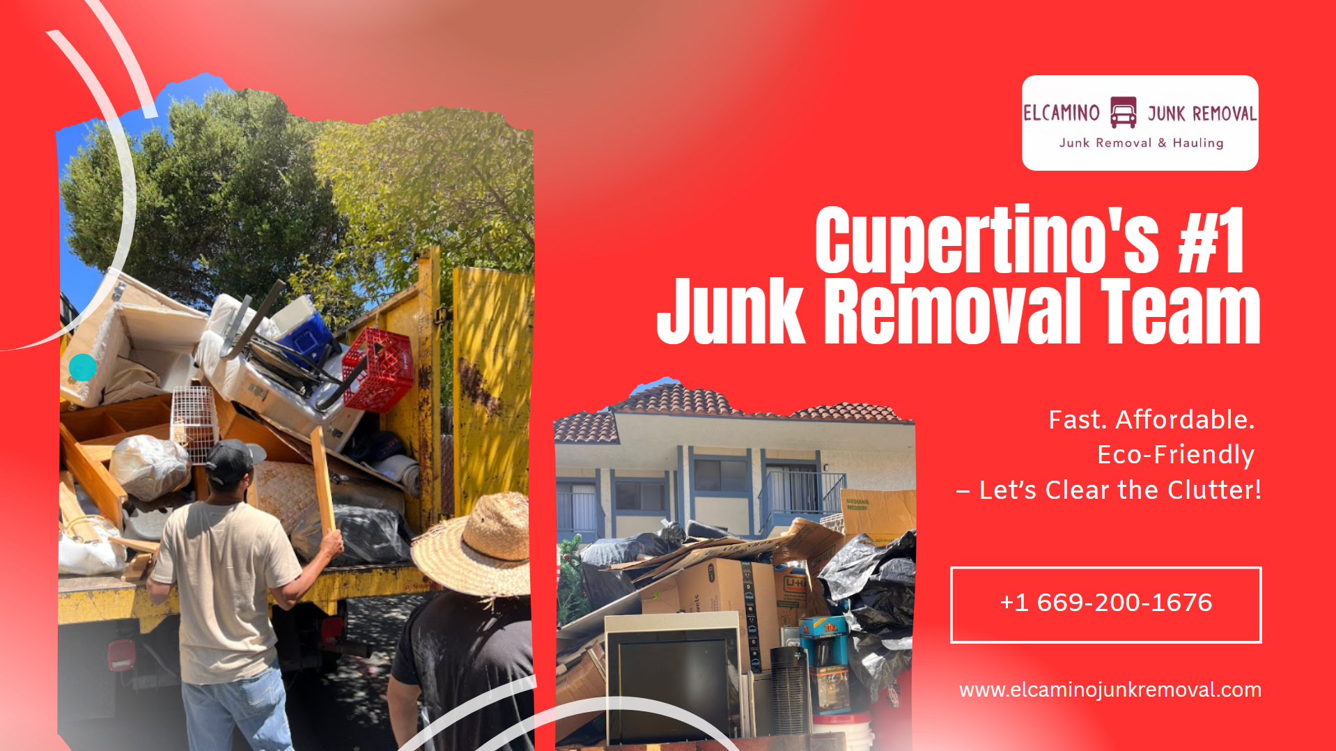 Cupertino's #1 junk removal team loading various items, including furniture and appliances, into a yellow truck, emphasizing eco-friendly and efficient junk removal services by El Camino Junk Removal.