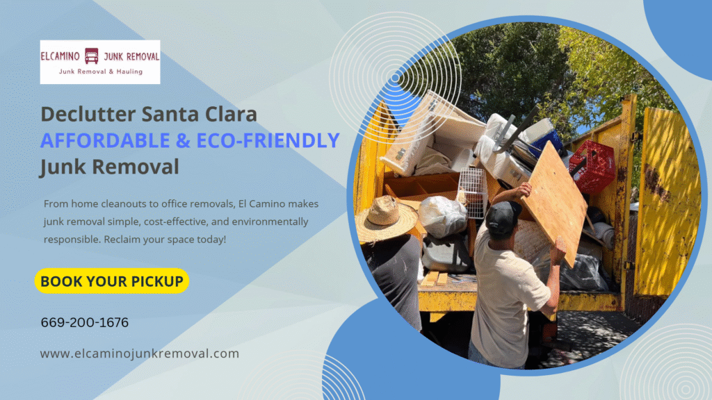 Two workers loading junk into a yellow truck, promoting Elcamino Junk Removal services for affordable and eco-friendly decluttering in Santa Clara.