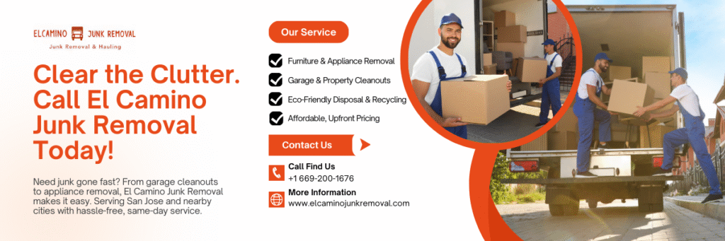 El Camino Junk Removal service advertisement featuring workers loading boxes into a truck, promoting clutter removal and eco-friendly disposal in San Jose.