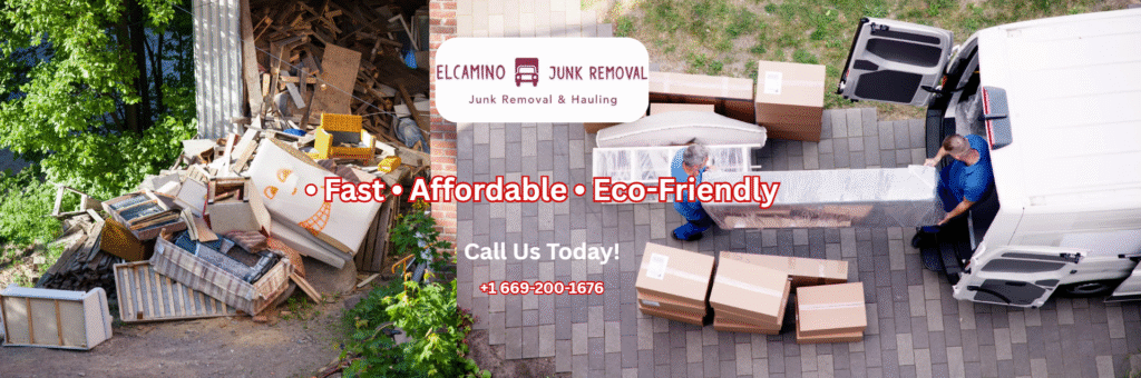 Elcamino Junk Removal services with workers loading boxes into a truck, showcasing fast, affordable, and eco-friendly junk removal solutions in a residential setting.
