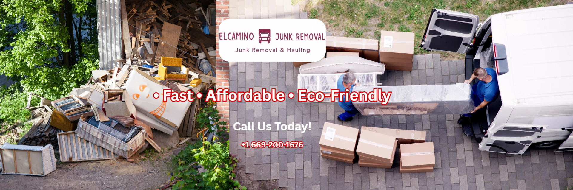 Man loading junk into a truck with boxes and furniture outside, featuring El Camino Junk Removal branding, emphasizing fast, affordable, and eco-friendly services in Santa Clara.